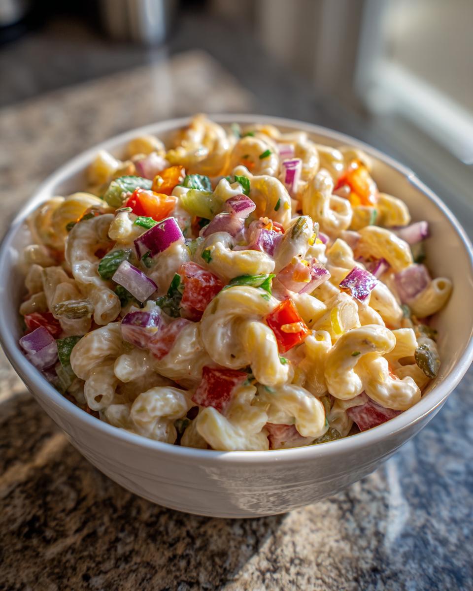 A close-up of a white bowl filled with Guy Fieri macaroni salad, featuring elbow macaroni, chopped red onion, tomatoes, and celery in a creamy dressing.