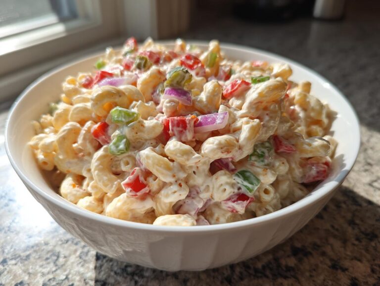 A white bowl filled with creamy Guy Fieri macaroni salad, featuring elbow macaroni, red and green bell peppers, and red onion.
