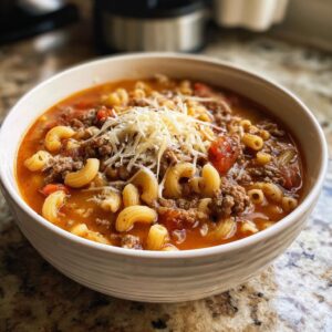 A close-up of a warm bowl of hamburger macaroni soup topped with shredded cheese.