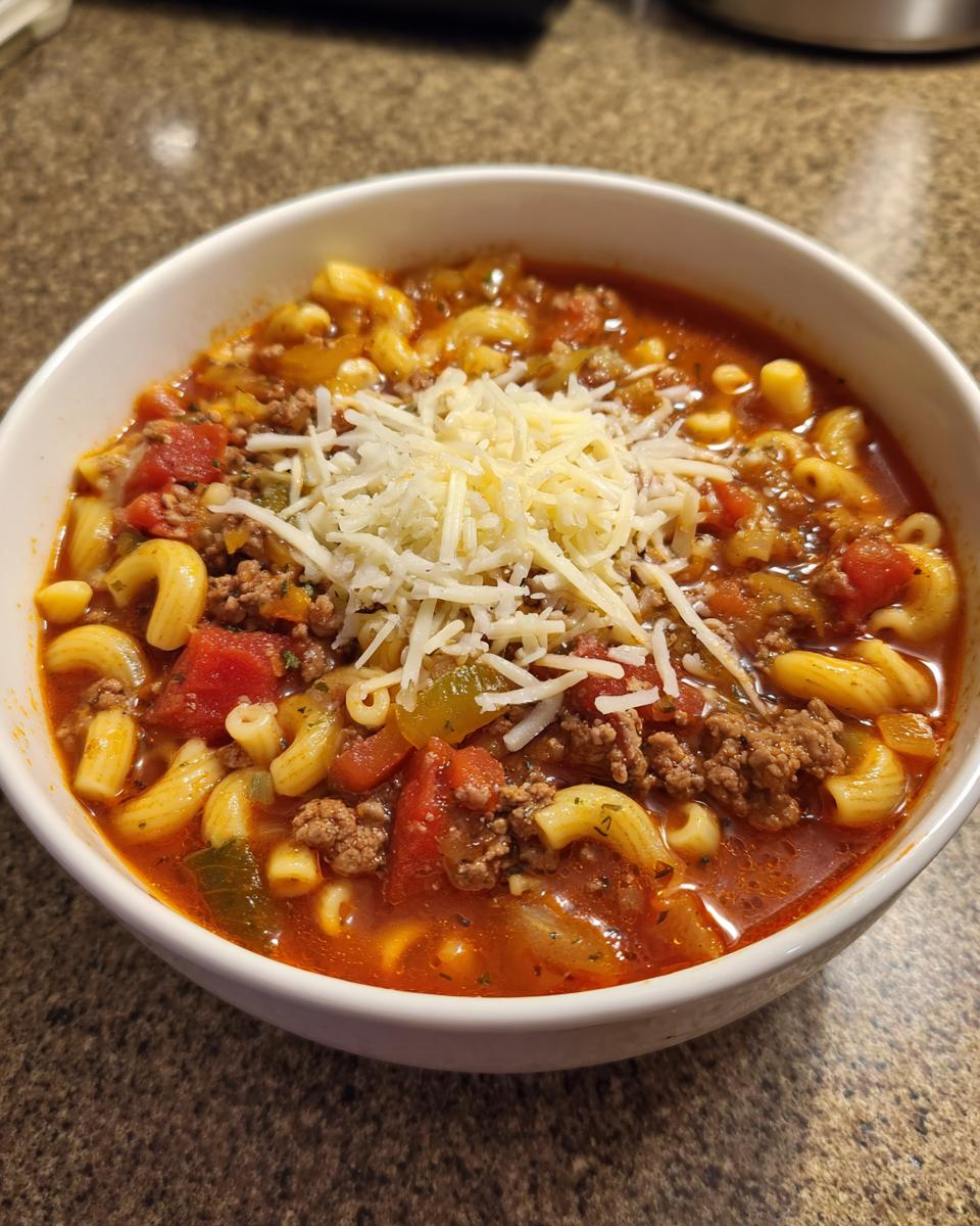 A close-up of a bowl of hamburger macaroni soup topped with shredded cheese.