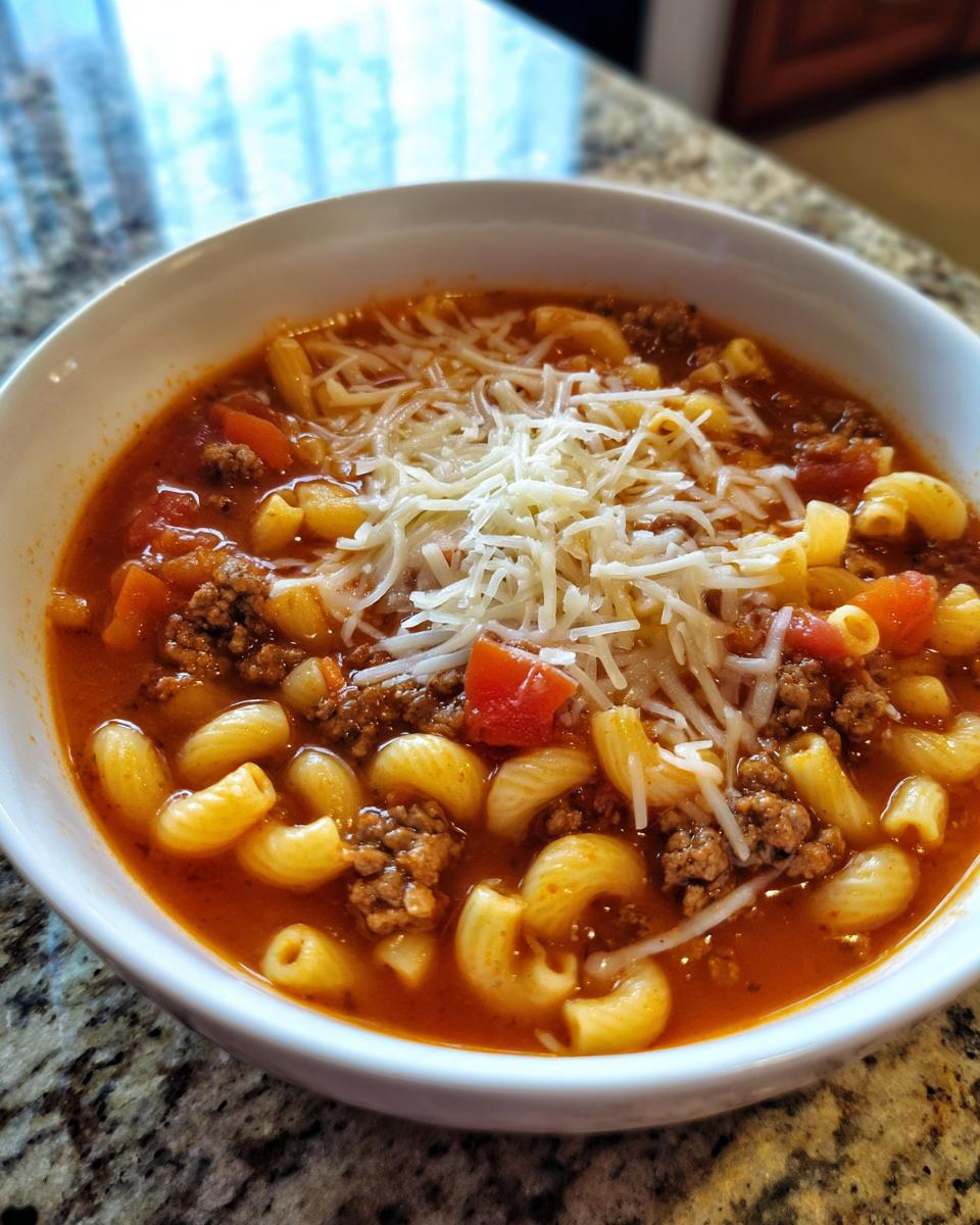 A close-up of a white bowl filled with delicious hamburger macaroni soup, topped with shredded cheese.