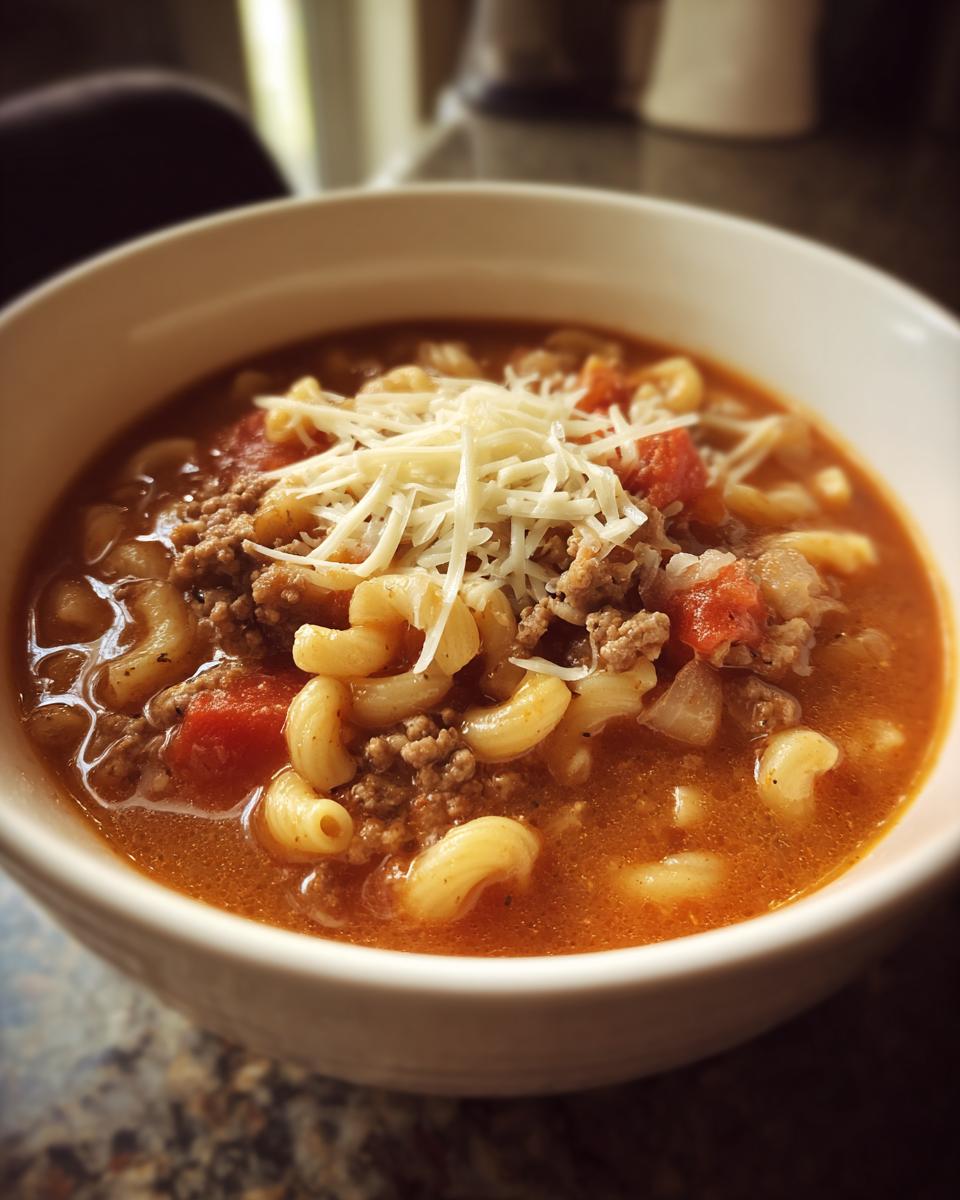 Close-up of a white bowl filled with steaming hamburger macaroni soup, topped with shredded cheese.