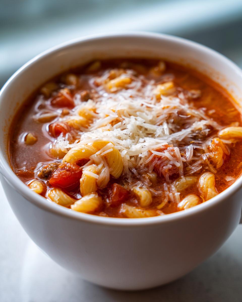 A close-up of a white bowl filled with delicious Hamburger Macaroni Soup, topped with shredded cheese.