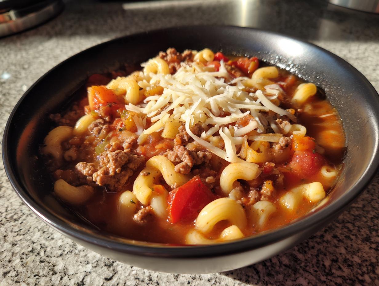 A close-up of a bowl of hearty hamburger macaroni soup topped with shredded cheese.