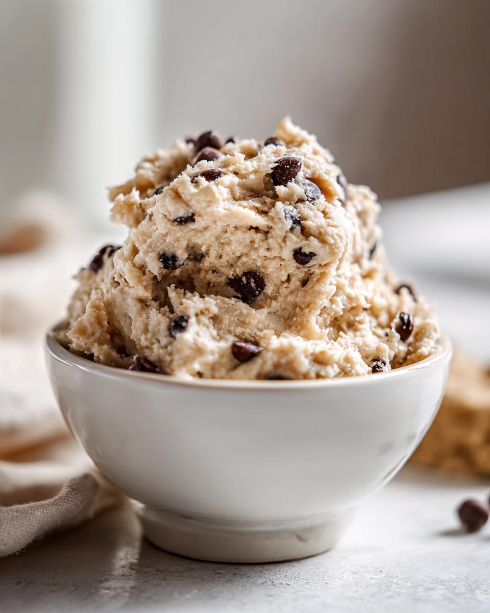 A bowl of creamy, scoopable high protein cookie dough loaded with chocolate chips.