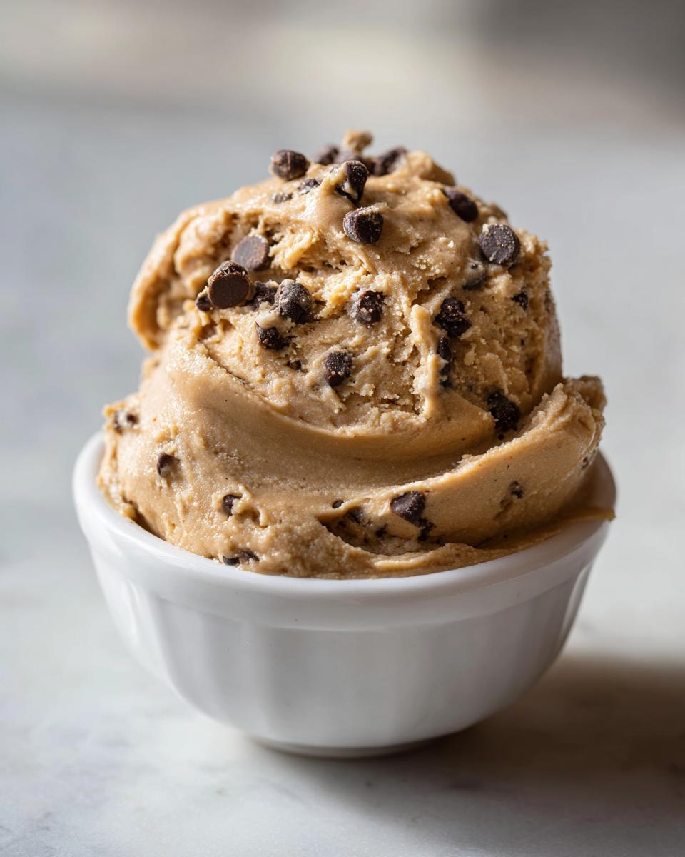 A scoop of creamy, high protein cookie dough loaded with chocolate chips, served in a white bowl.