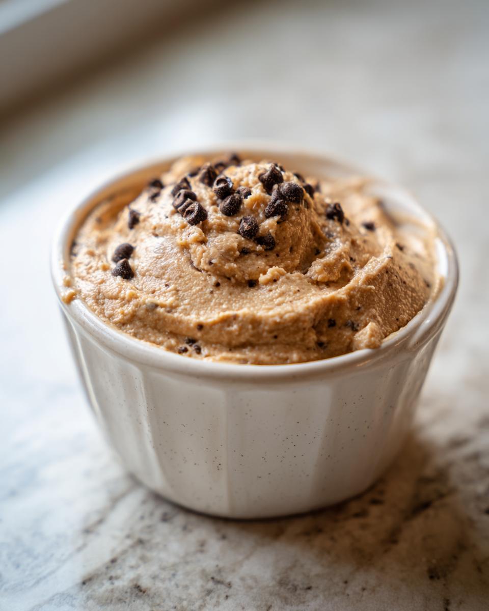 Close-up of delicious high protein cookie dough topped with mini chocolate chips in a white bowl.