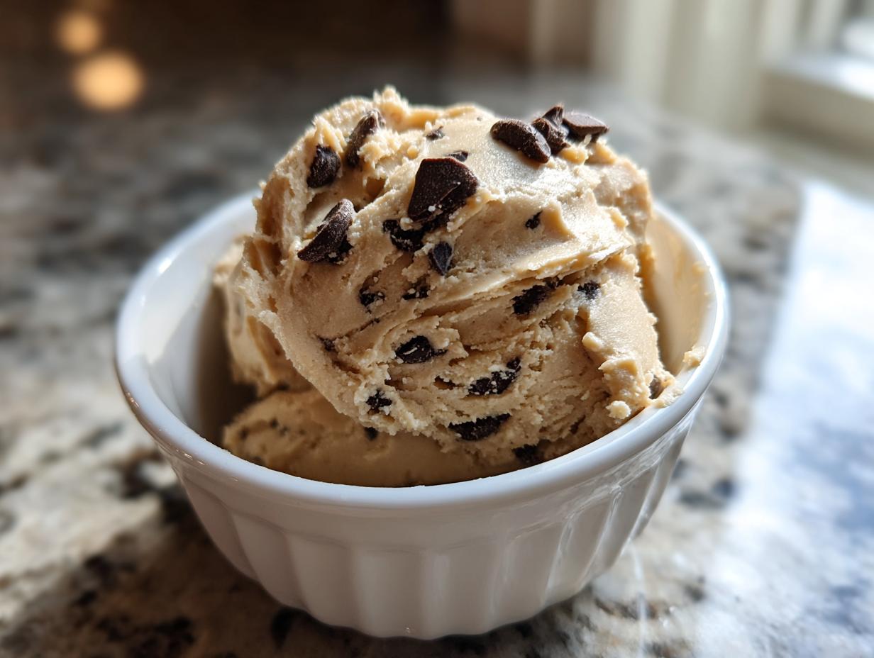 A bowl filled with creamy high protein cookie dough, studded with dark chocolate chips.