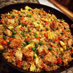 A close-up view of a pan filled with high protein garlic chicken fried rice, featuring tender chicken pieces, peas, carrots, and scrambled egg.