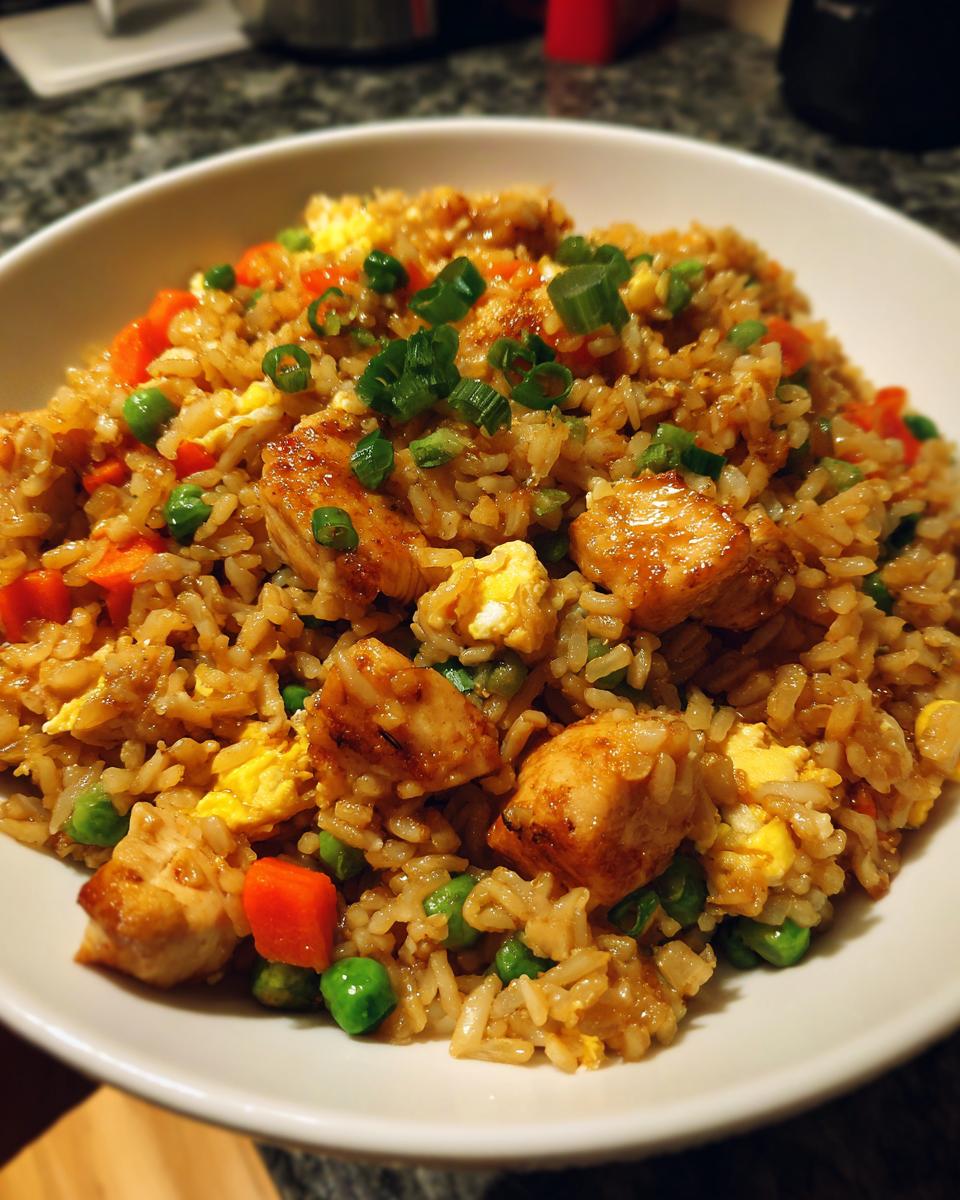 A close-up of a white bowl filled with high protein garlic chicken fried rice, featuring tender chicken pieces, peas, carrots, and scrambled egg, topped with green onions.