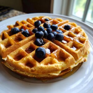 A close-up of fluffy high protein waffles topped with fresh blueberries and drizzled with syrup.