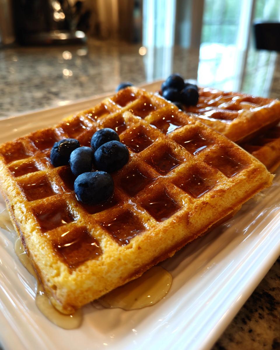 Close-up of golden brown high protein waffles topped with fresh blueberries and drizzled with syrup.