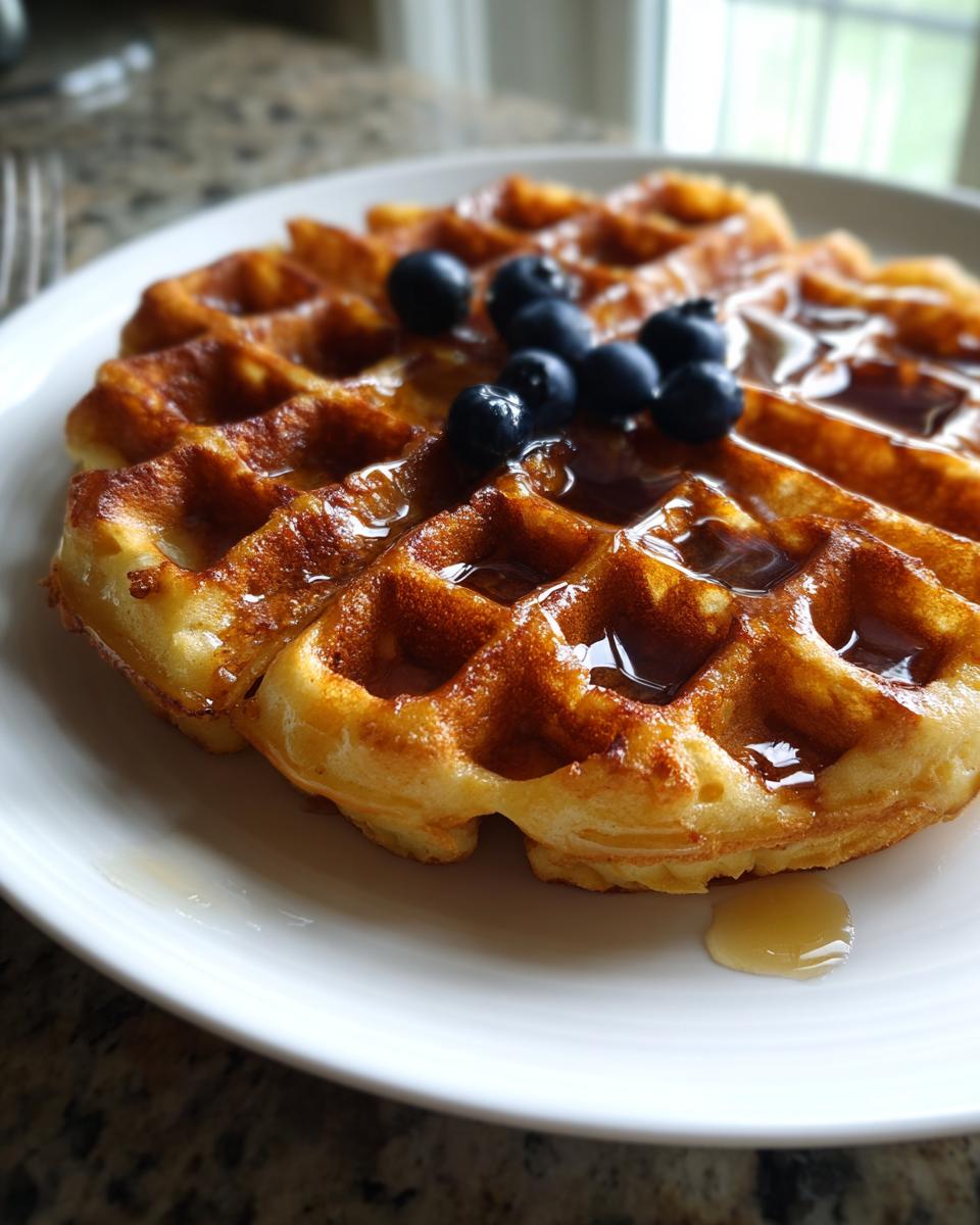 Close-up of golden brown high protein waffles topped with fresh blueberries and drizzled with syrup on a white plate.