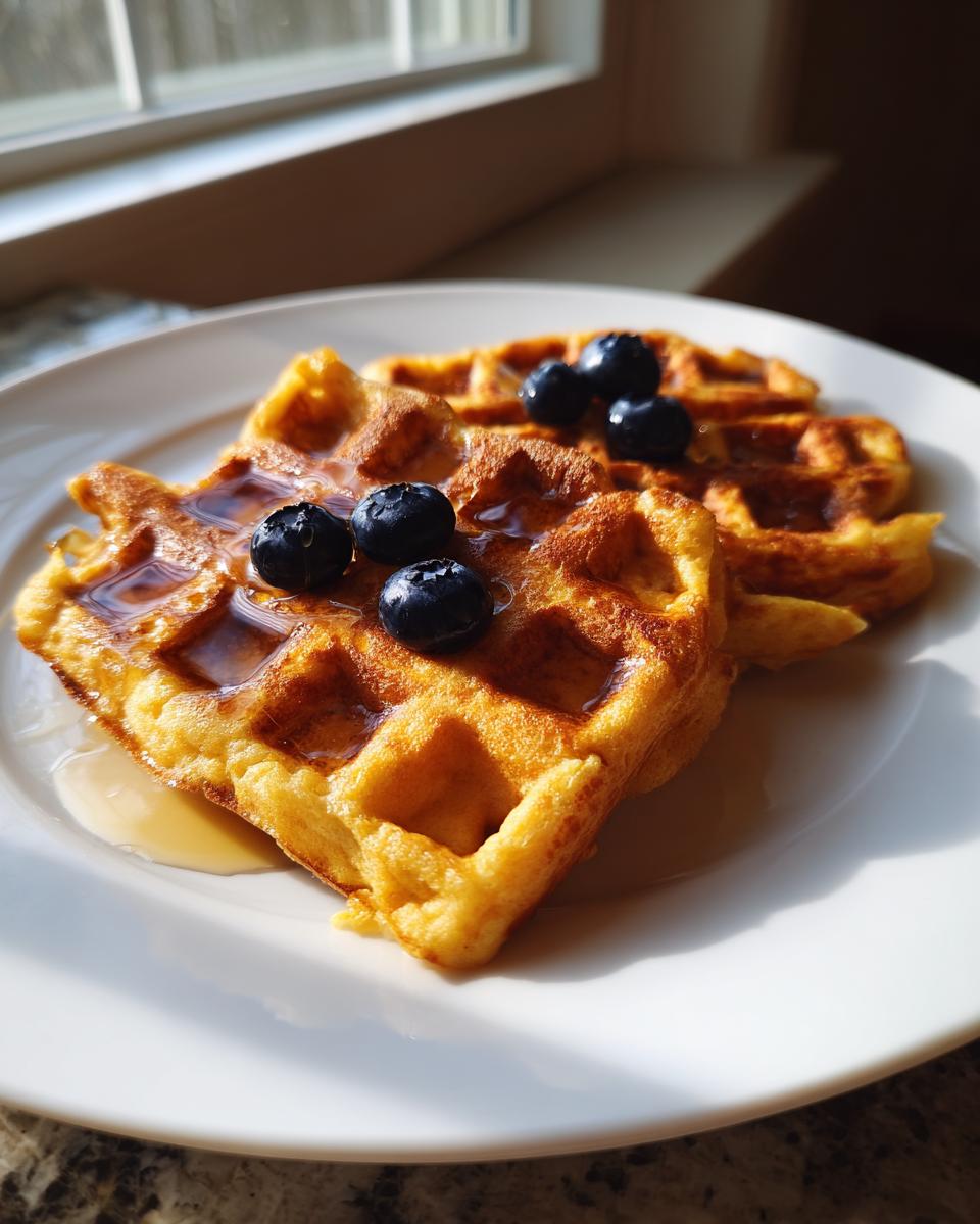 Two golden-brown high protein waffles topped with fresh blueberries and syrup on a white plate.
