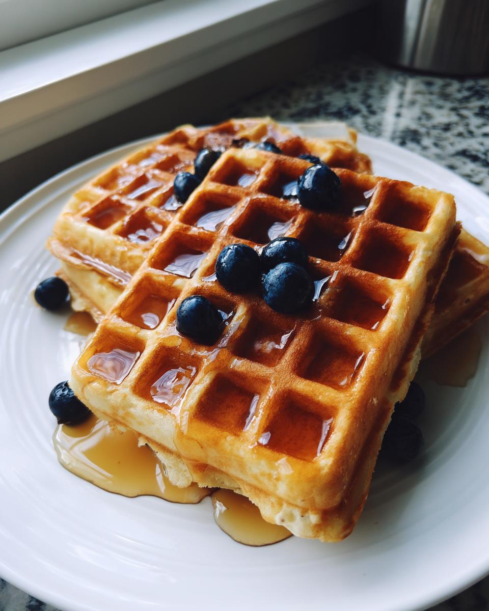 Close-up of golden brown high protein waffles stacked on a white plate, topped with fresh blueberries and drizzled with syrup.