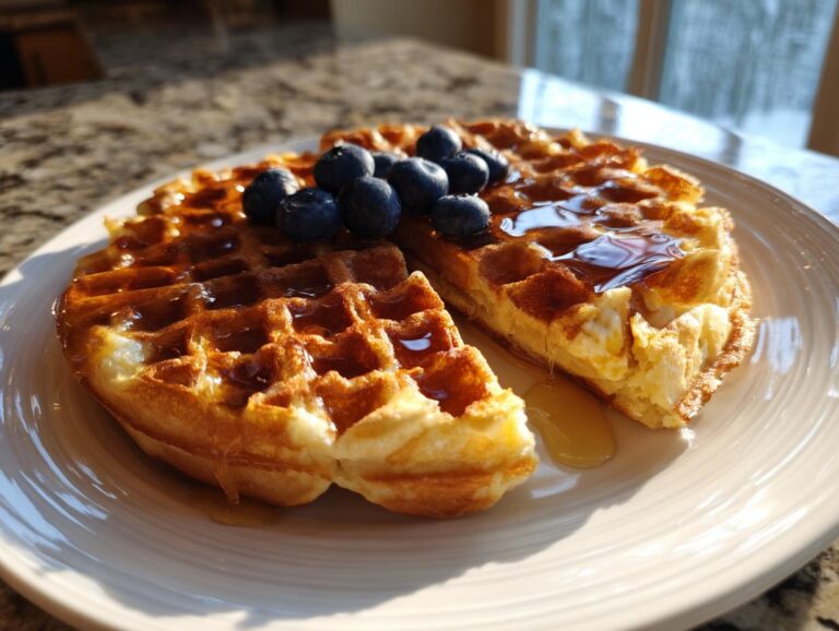 Close-up of two high protein waffles topped with fresh blueberries and drizzled with syrup.