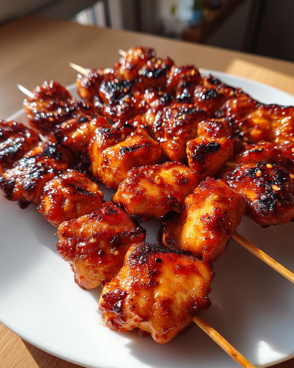 Close-up of glistening honey garlic chicken skewers on a white plate, perfectly grilled with a sticky glaze.