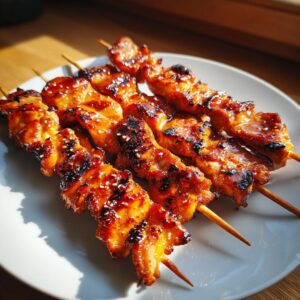 Close-up of glistening honey garlic chicken skewers with sesame seeds on a white plate.