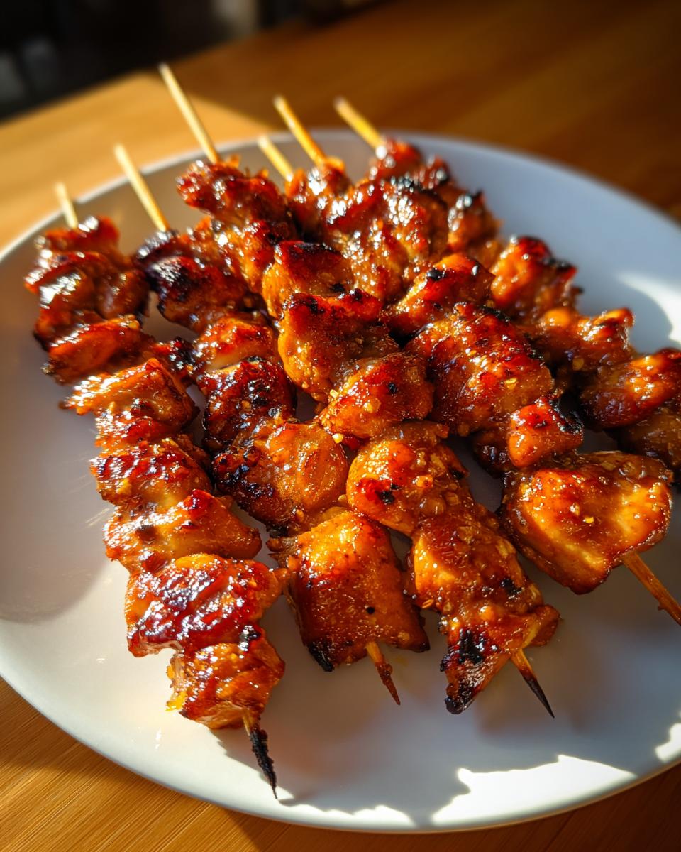 Close-up of glistening honey garlic chicken skewers on a white plate, ready to eat.