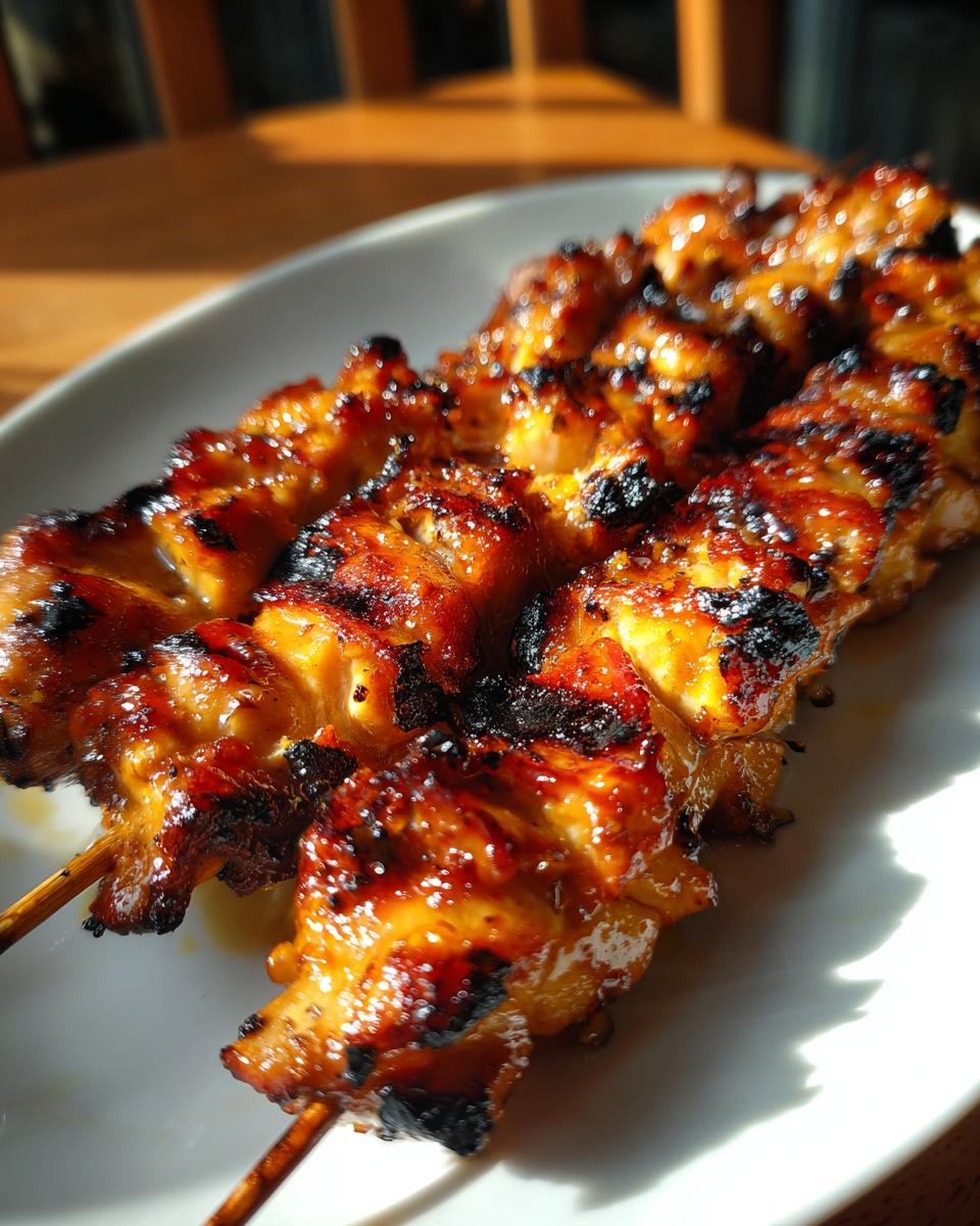 Close-up of juicy honey garlic chicken skewers, grilled to perfection with a glossy glaze and slight char.