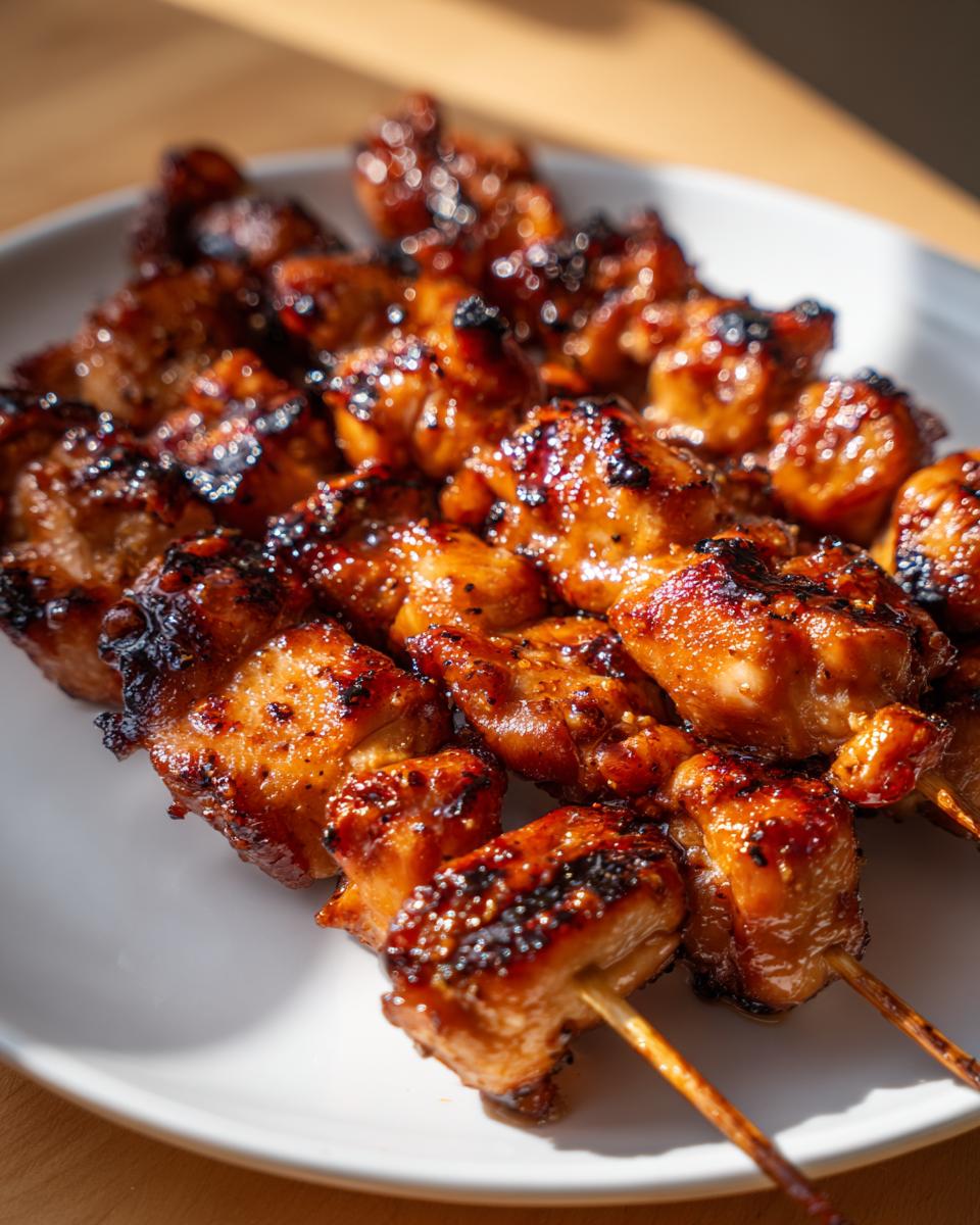 Close-up of glistening honey garlic chicken skewers on a white plate, perfectly grilled.