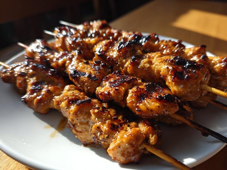 Close-up of perfectly grilled honey garlic chicken skewers on a white plate, glistening with sauce.
