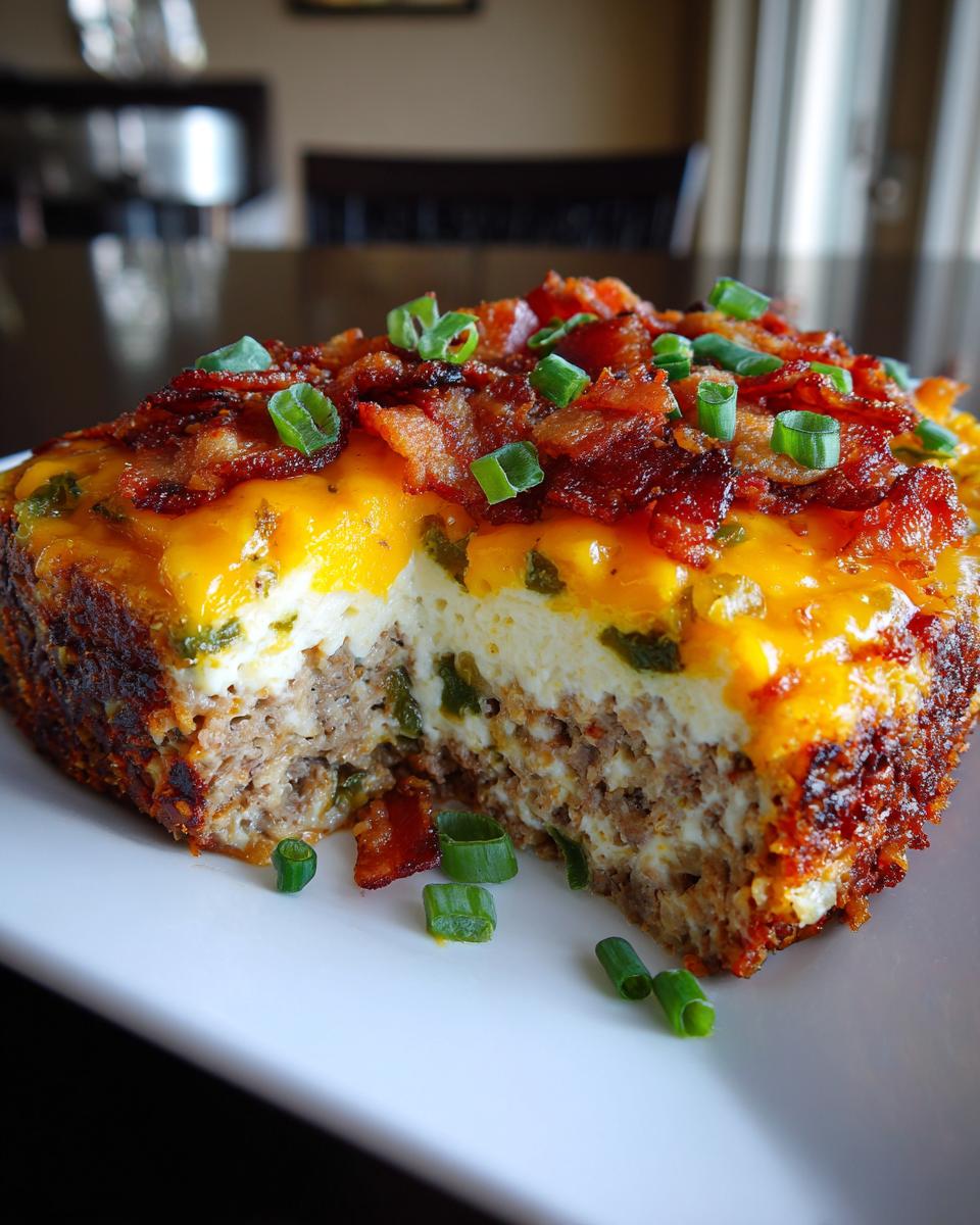 A slice of spicy Jalapeño Popper Meatloaf topped with melted cheese, crispy bacon, and green onions.