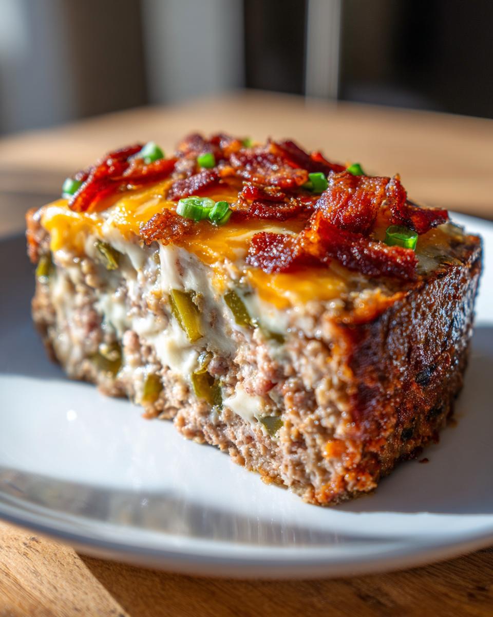 A slice of Jalapeño Popper Meatloaf topped with melted cheese, crispy bacon, and green onions.