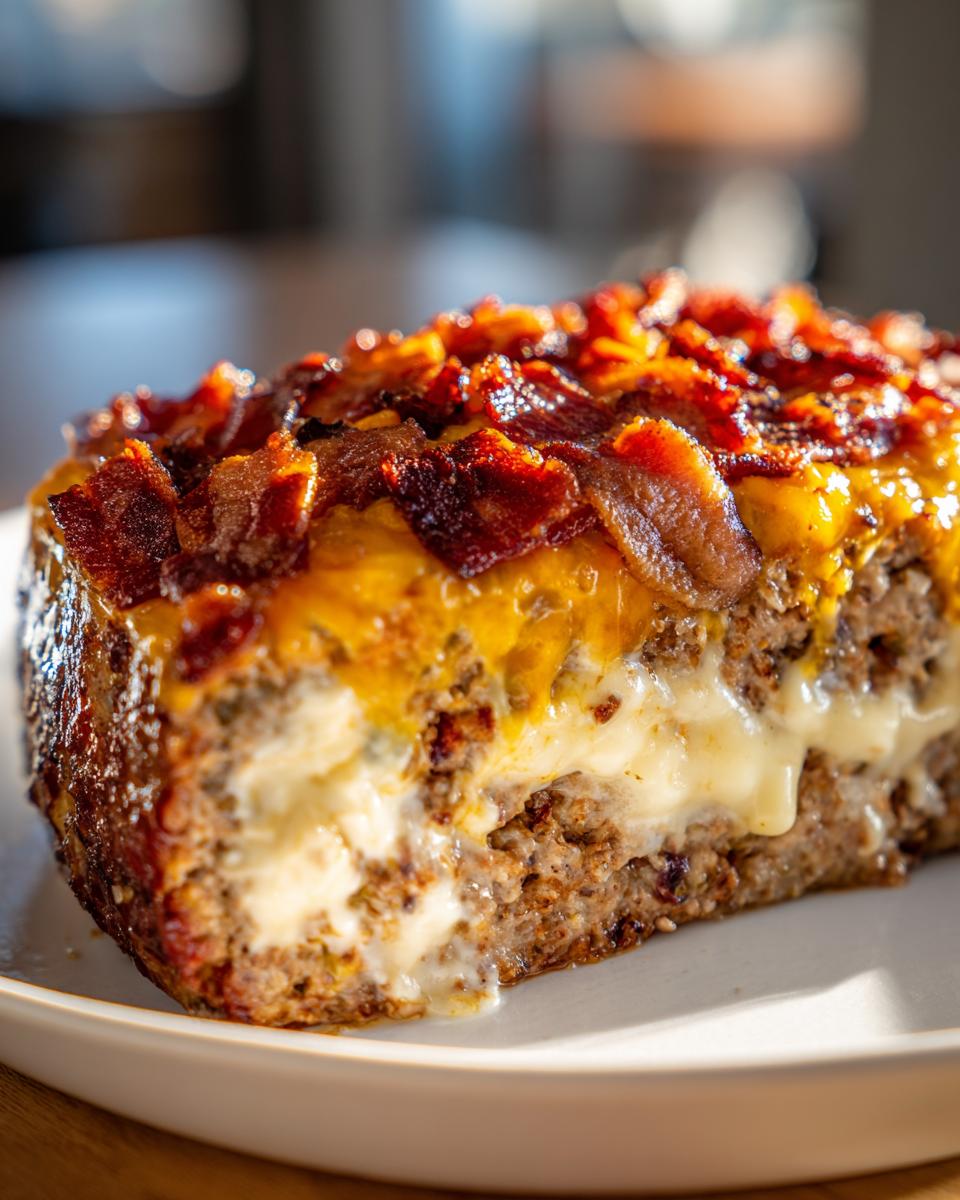 A slice of Jalapeño Popper Meatloaf topped with melted cheese and crispy bacon, with a creamy cheese filling.