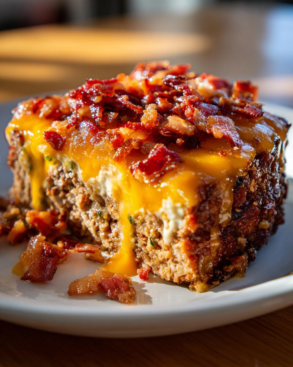 A slice of spicy Jalapeño Popper Meatloaf topped with melted cheese and crispy bacon.