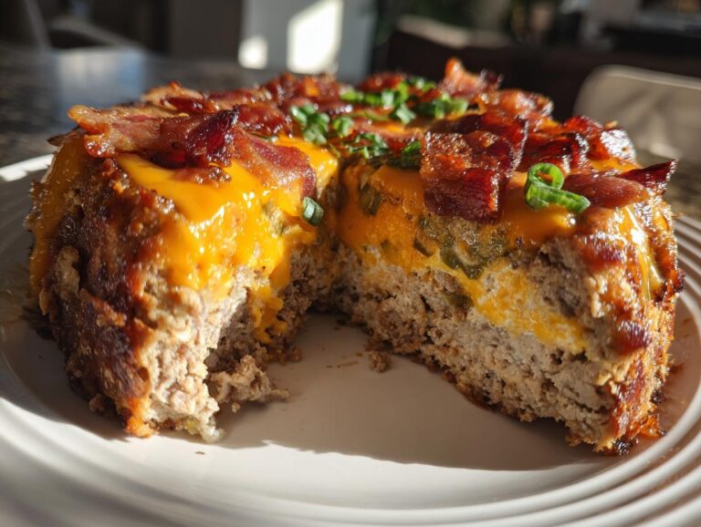A slice of Jalapeño Popper Meatloaf topped with melted cheddar cheese, crispy bacon, and green onions.