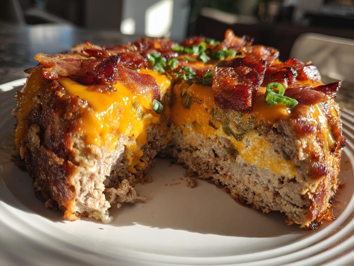 A slice of Jalapeño Popper Meatloaf topped with melted cheddar cheese, crispy bacon, and green onions.
