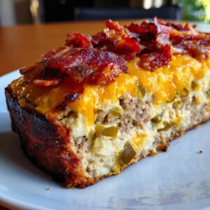 A slice of spicy Jalapeño Popper Meatloaf topped with melted cheese and crispy bacon.