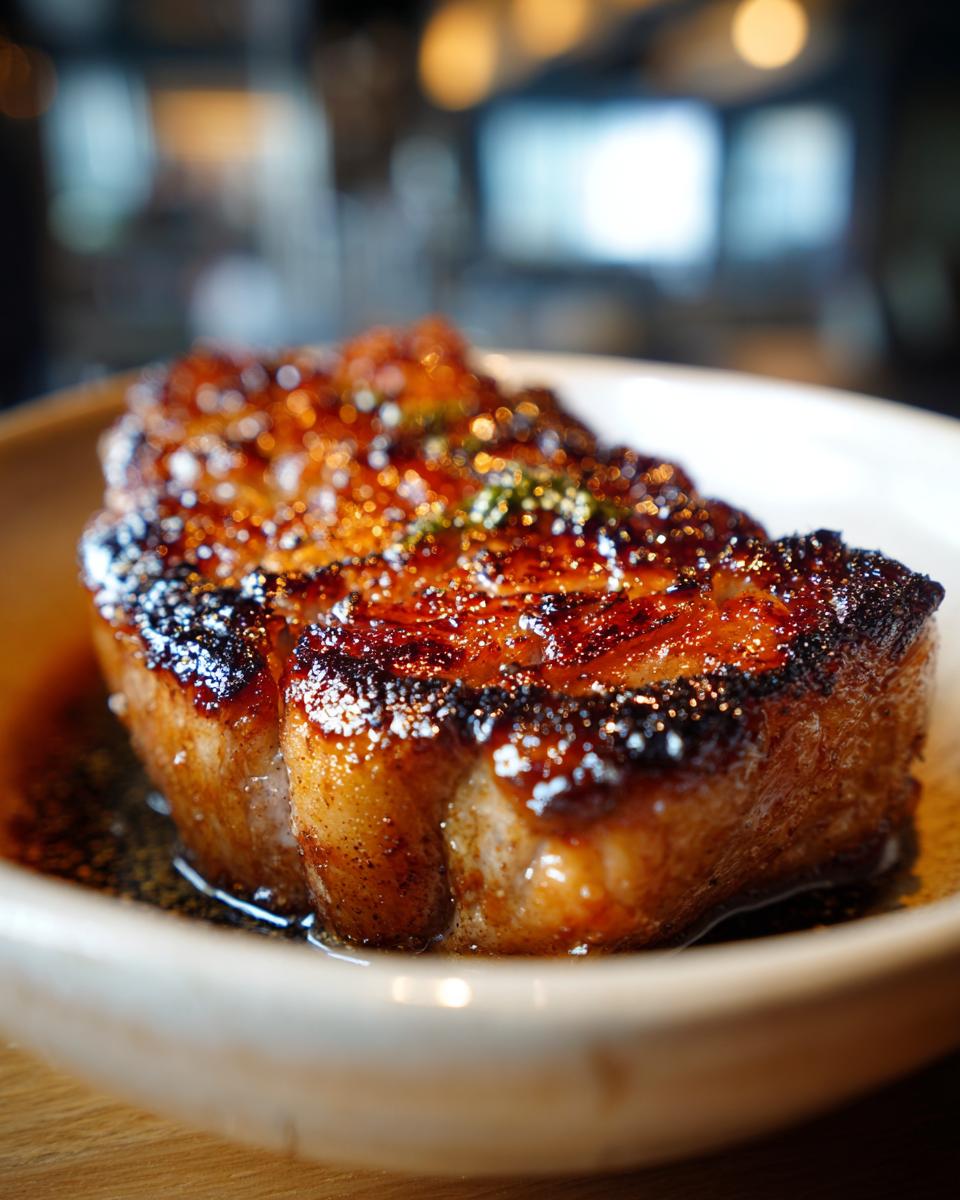Close-up of a perfectly cooked, juicy pork steak recipe with a caramelized crust.