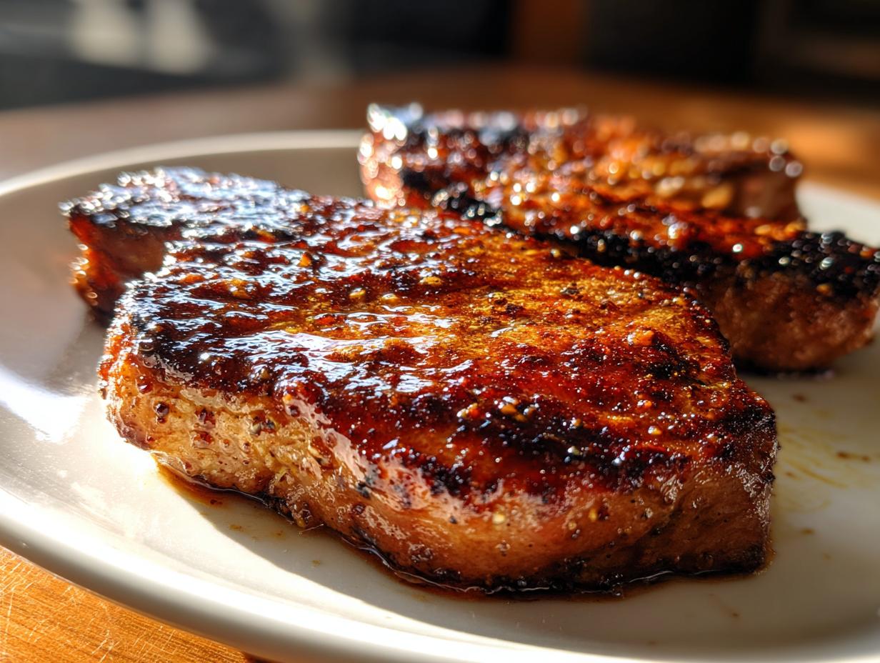 Close-up of two perfectly cooked, juicy pork steaks with a glistening glaze, seasoned with spices.