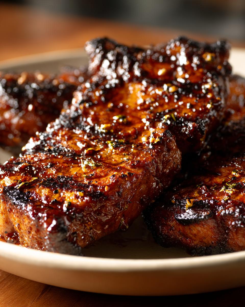 Close-up of several juicy pork steaks, coated in a dark, glossy glaze with visible char marks.
