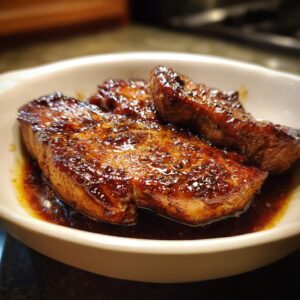 Close-up of three juicy pork steaks glazed in a rich sauce, ready to serve in a white bowl.