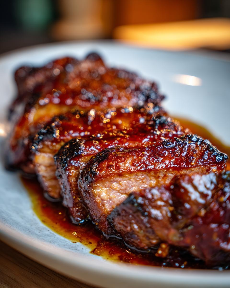 Close-up of sliced, glazed pork steak recipe, glistening with sauce on a white plate.