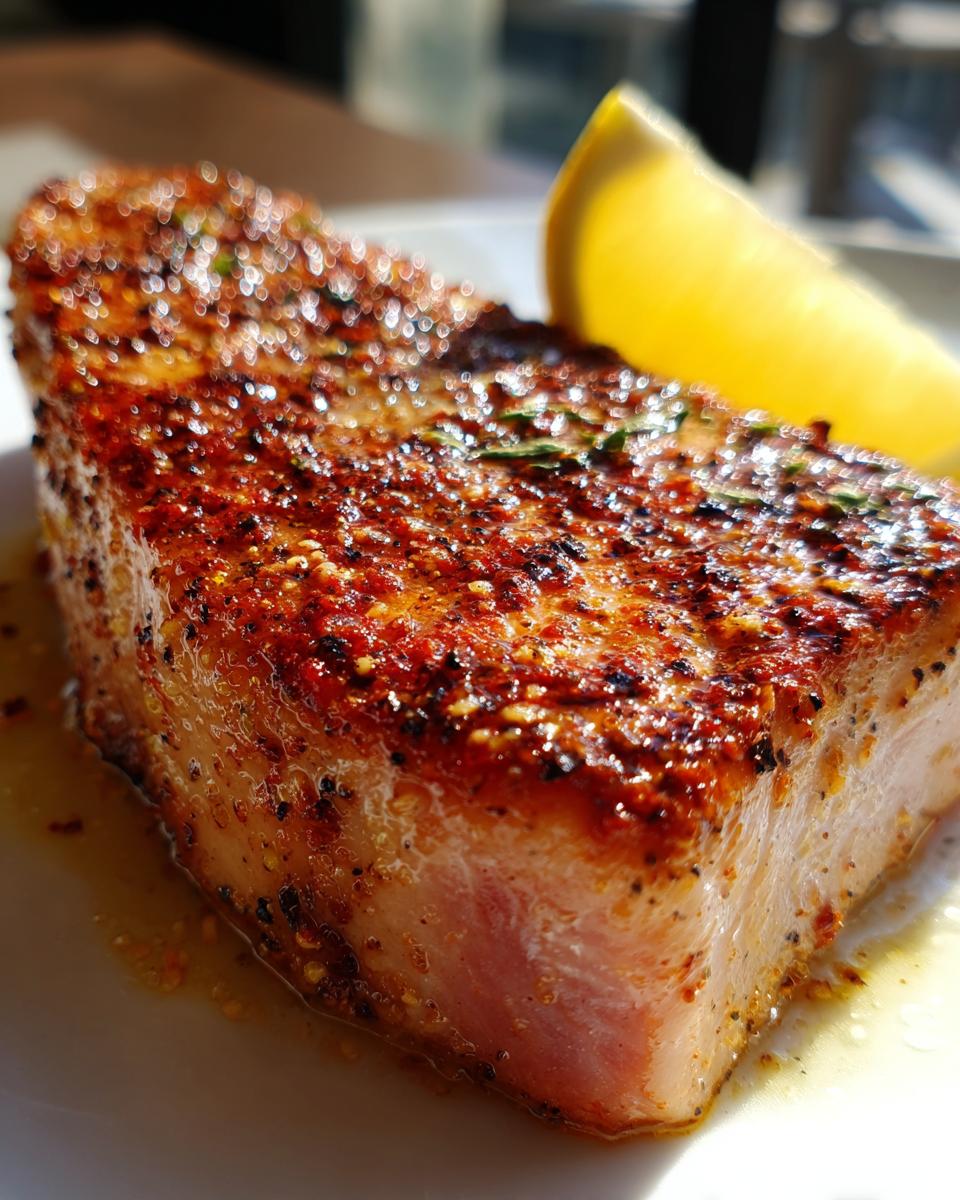 A perfectly cooked, juicy tuna steak seasoned with spices and served with a lemon wedge.