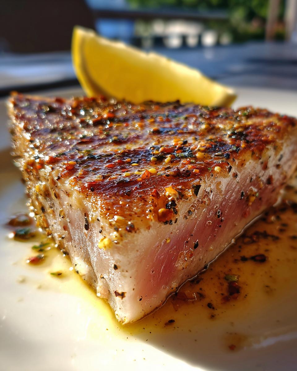 A perfectly cooked tuna steak seasoned with spices and served with a lemon wedge on a white plate.
