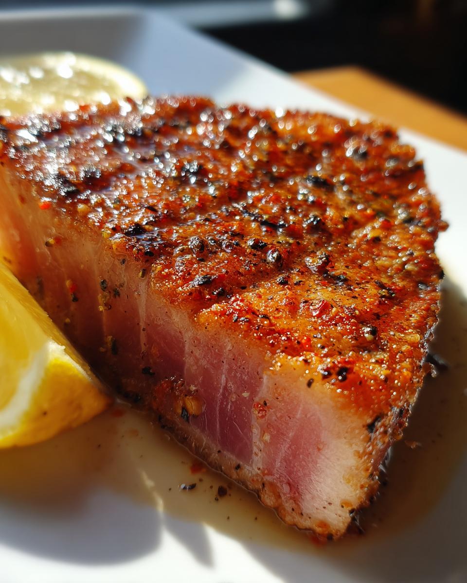Close-up of a perfectly seared tuna steak seasoned with spices, served with a lemon wedge.