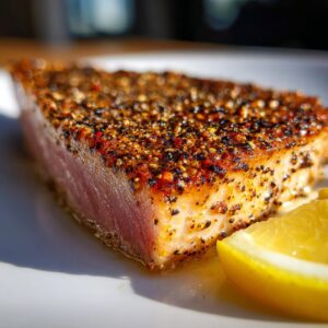Close-up of a perfectly cooked tuna steak with a flavorful pepper crust, served with a lemon wedge.