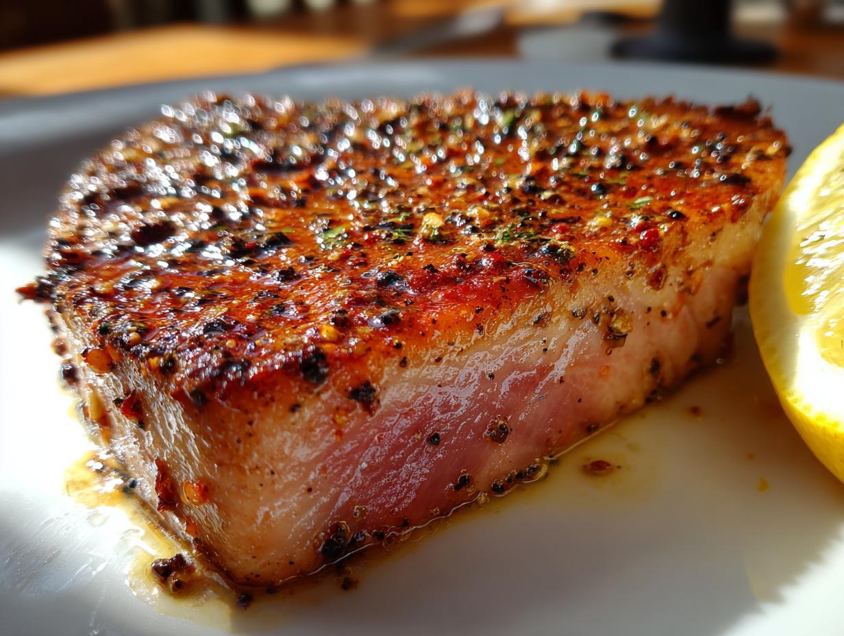 Close-up of a perfectly seared tuna steak seasoned with spices and served with a lemon wedge.