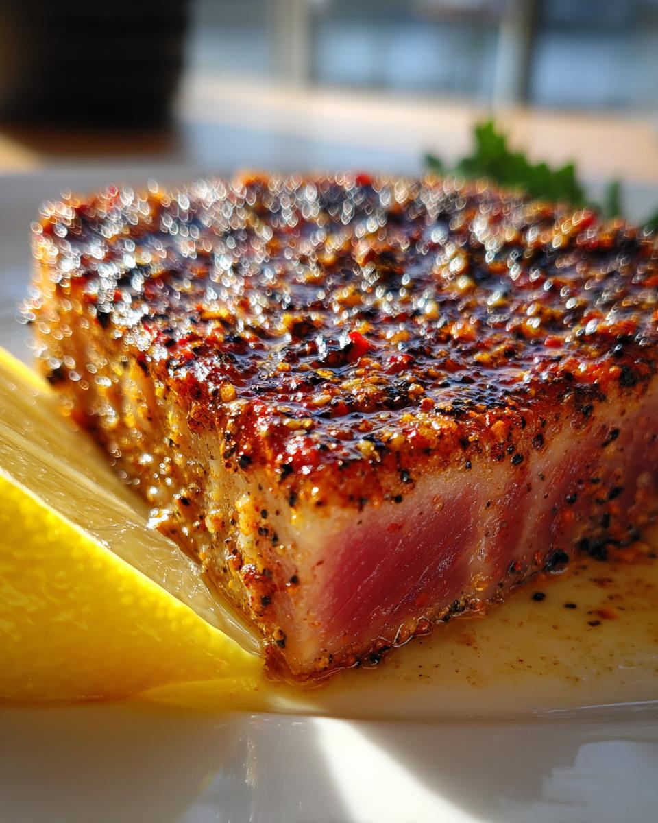 Close-up of a perfectly seared tuna steak, coated in a spice rub and served with a lemon wedge.