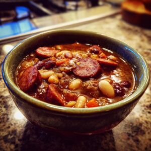 A close-up of a bowl filled with hearty kielbasa and 15 bean soup, featuring sliced kielbasa, various beans, and broth.