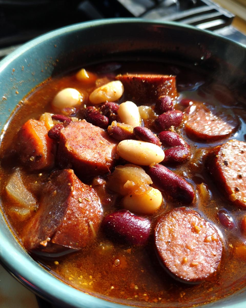 A close-up view of a bowl of kielbasa and 15 bean soup, showing sliced kielbasa, red kidney beans, and white beans in a rich broth.