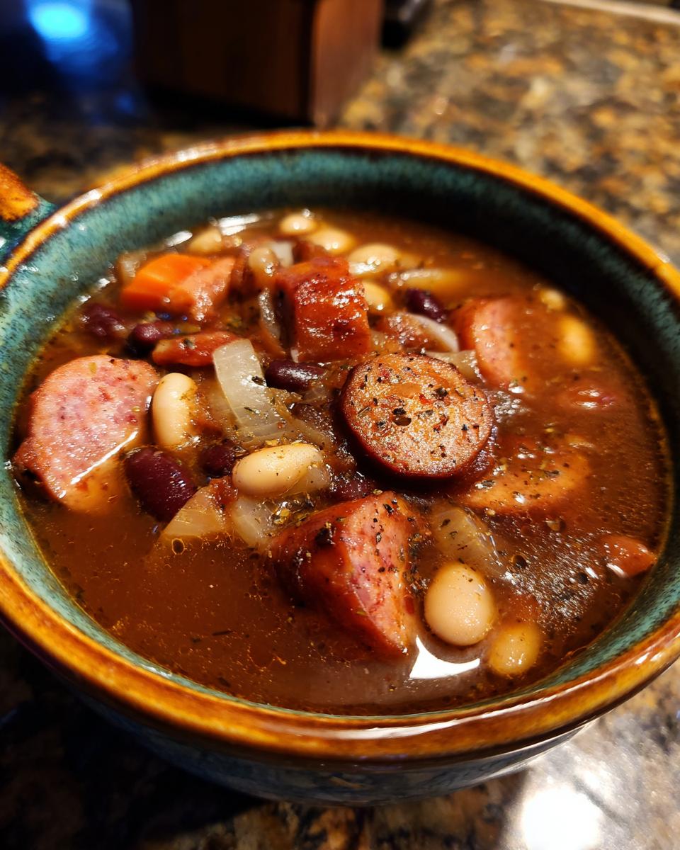 A close-up of a bowl of kielbasa and 15 bean soup, featuring sliced kielbasa, white beans, kidney beans, and onions.