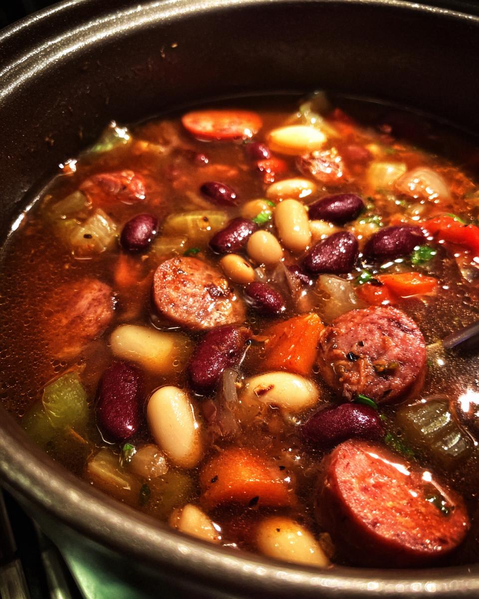 A steaming bowl of kielbasa and 15 bean soup, featuring sliced kielbasa, kidney beans, and white beans in a rich broth.
