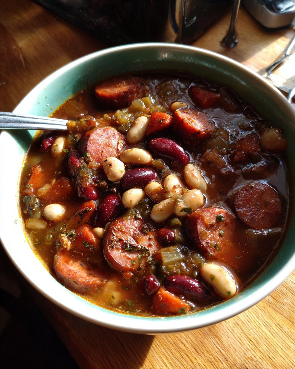 A close-up of a bowl of hearty kielbasa and 15 bean soup, showing sliced kielbasa, kidney beans, and white beans in a rich broth.