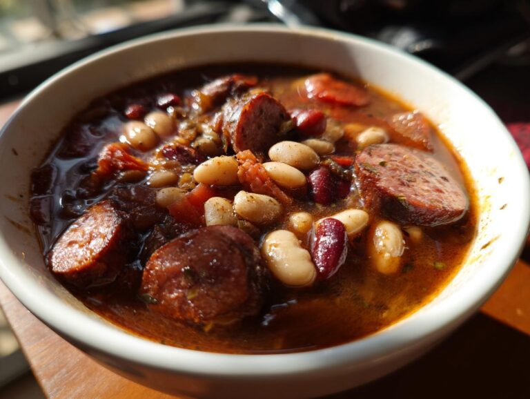 A close-up of a bowl filled with hearty kielbasa and 15 bean soup, featuring chunks of sausage and various beans in a rich broth.